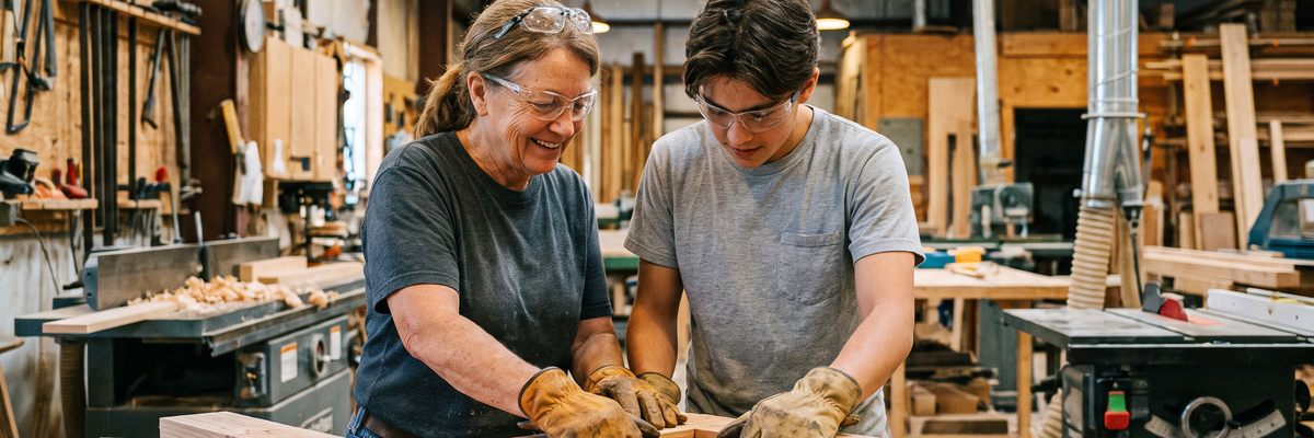 Collaborative Woodworking Workshop Scene