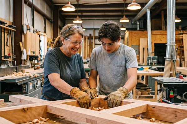 Collaborative Woodworking Workshop Scene